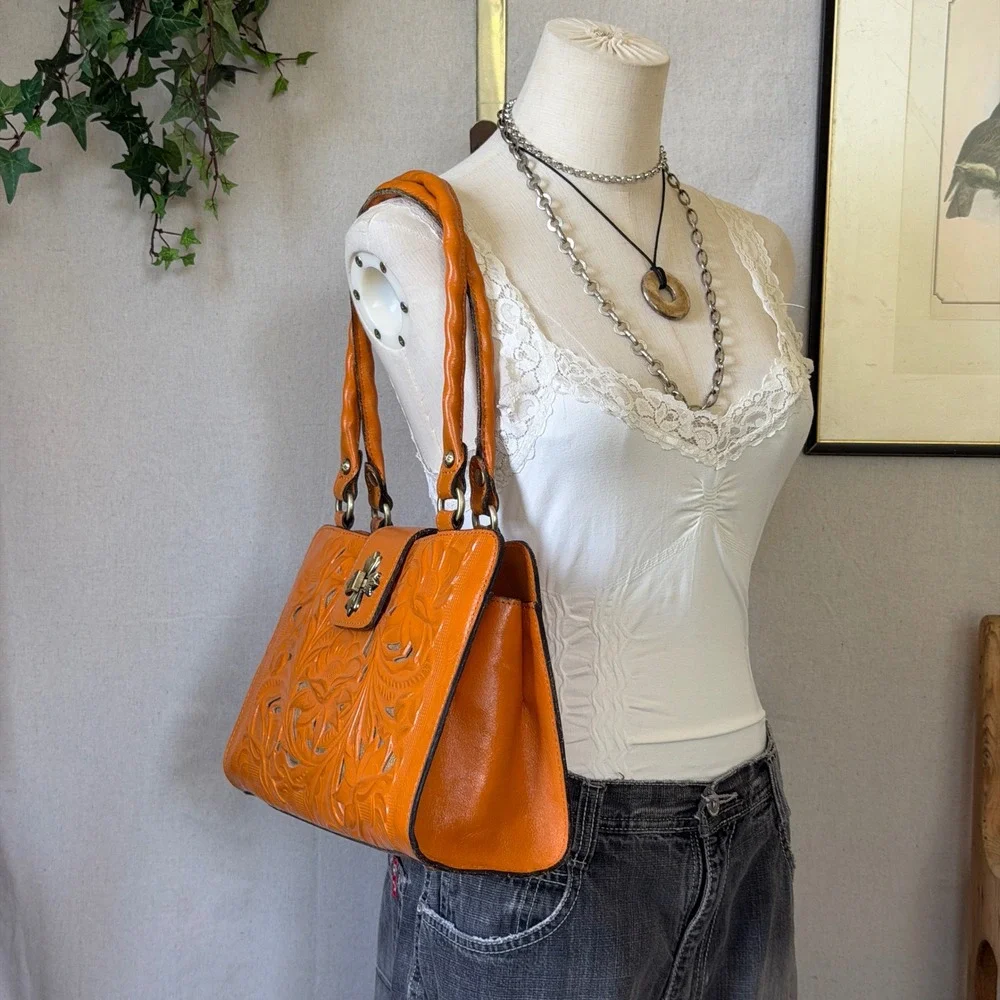 Orange Tooled Leather Patricia Nash Satchel Bag Boho Vintage Y2K Medium